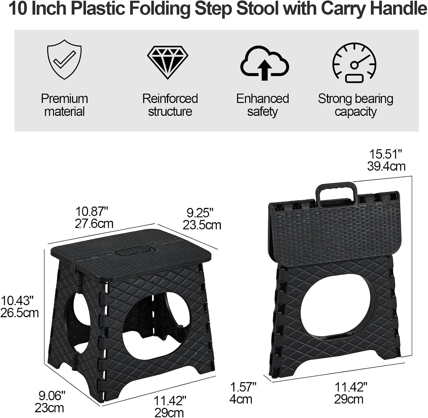 Folding Step Stool, 10 inch Non-Slip Foldable Stools, Step Stool with Handle, Lightweight for Kitchen, Bathroom, Bedroom, Garden, Black, 2 PCS