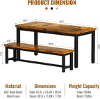 Lamerge Dining Room Table Set with 2 Benches, Dining Table Set for 4-6, Kitchen Table Set for Home Kitchen, Dining Room, Restaurant, Space Saving, Rustic, 3 Pieces Dining Furniture Set (05-Brown)