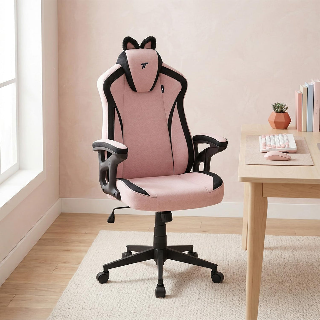 TTRACING Duo V4 Pink Gaming Chair with Wearable Cat Ears, Ergonomic Home Office Computer Desk Chair, Breathable Air Threads Fabric and Faux Leather, 135° Recline, 280lb Capacity, Kitty Puff