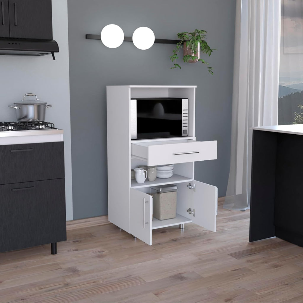 Classic White Kitchen Pantry with Open Shelves, Microwave Shelf, & Storage Doors - 48" H, Pine Wood
