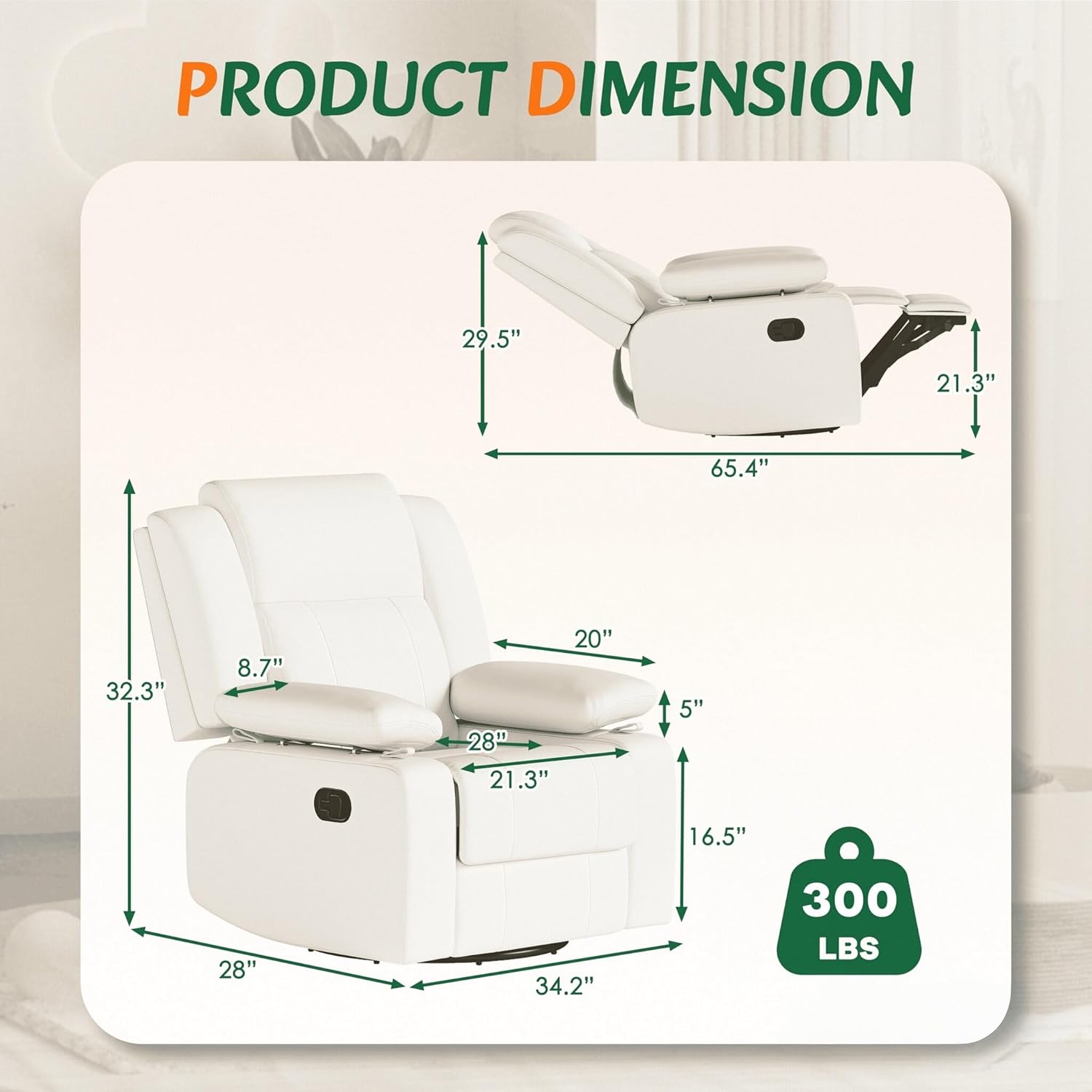 AILEEKISS Nursery Glider Recliner Chair with Adjustable Armrests, Swivel Rocking Recliner for Breastfeeding Moms, 360° Swivel, 30° Rocking, 90°-160° Recline, Easy-Clean Nursery Chair(White)