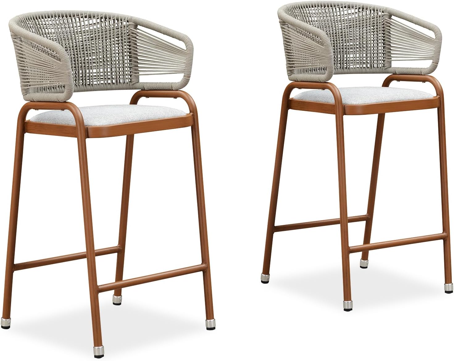 PURPLE LEAF Outdoor 30 Inch Rattan Bar Height Stools Set of 2 Modern Patio Metal Wicker Barstools Aluminum Woven Bar Chairs with Wraparound Armrest Back for Kitchen Garden Indoor Teak