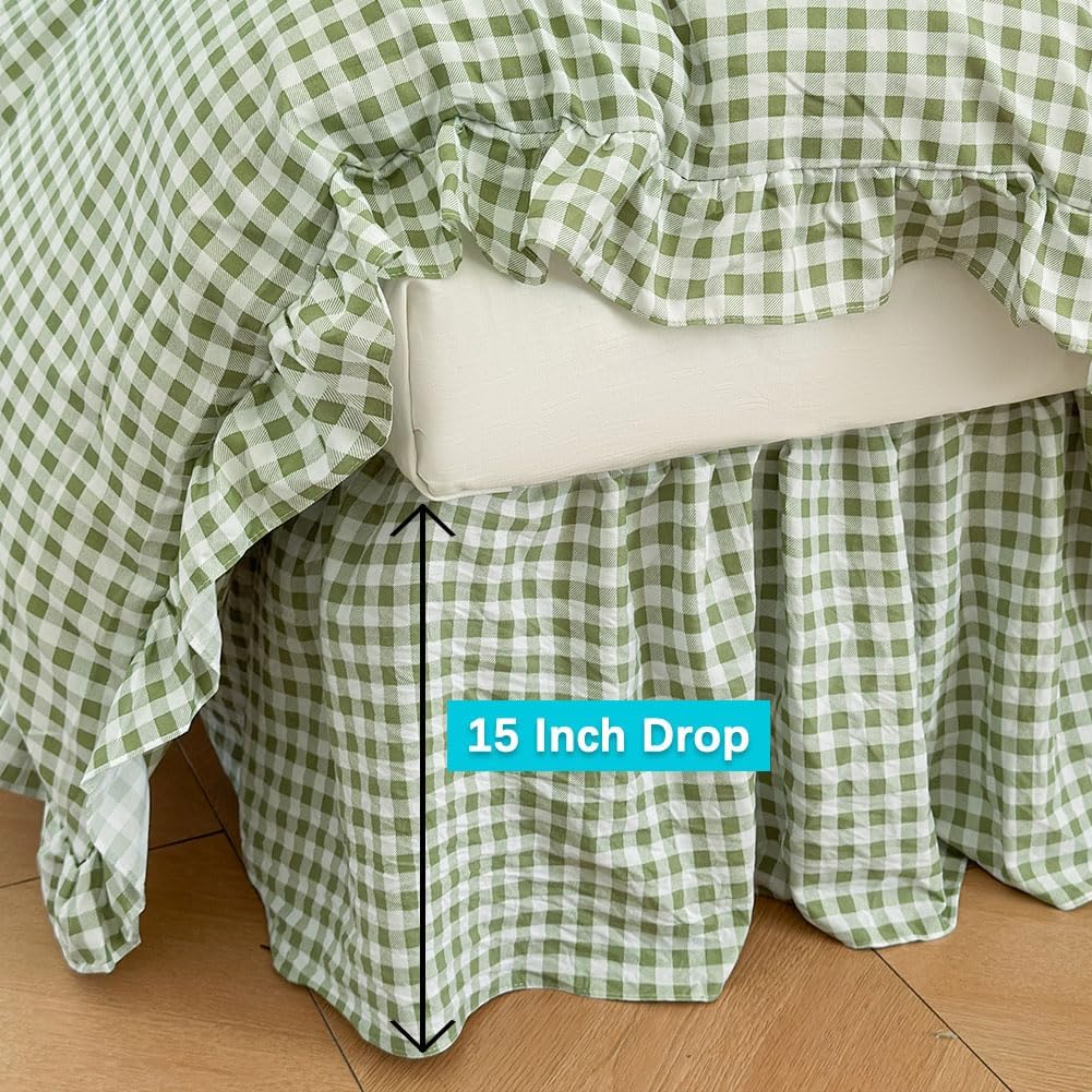 Green Gingham Wrap Around Ruffled Bed Skirt with Lace Decor, Plaid Grid Adjustable Elastic Dust Ruffles for Queen Bed, 15 Inch Drop Farmhouse Cottage Pleated Bed Frame Cover(Green Gingham, Queen)