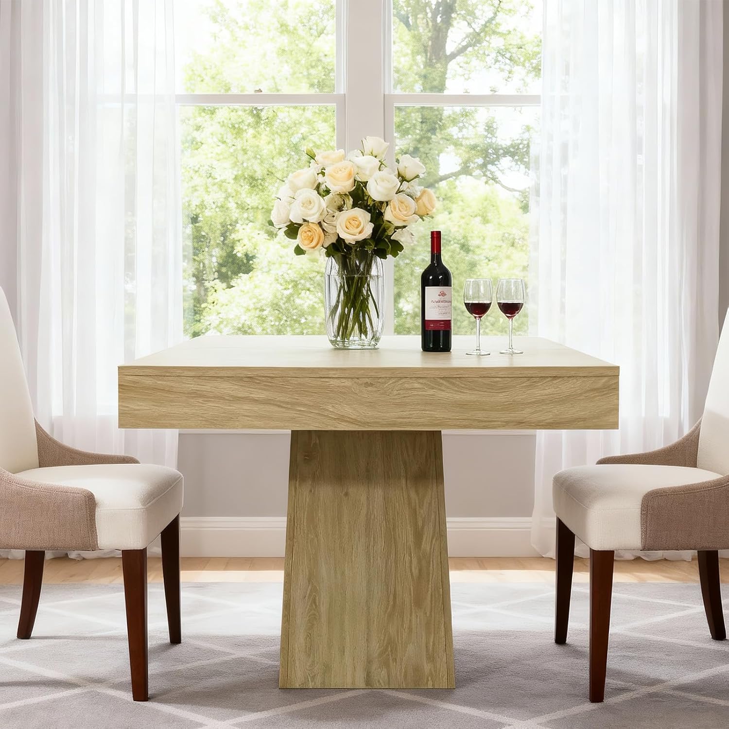 Modern Farmhouse Square Dining Table for 4 – 31.5'' Compact Wooden Pedestal – Restaurant Dining Furniture for Apartment, Living Room, Small Spaces – Natural Wood YS042 Matte Surface