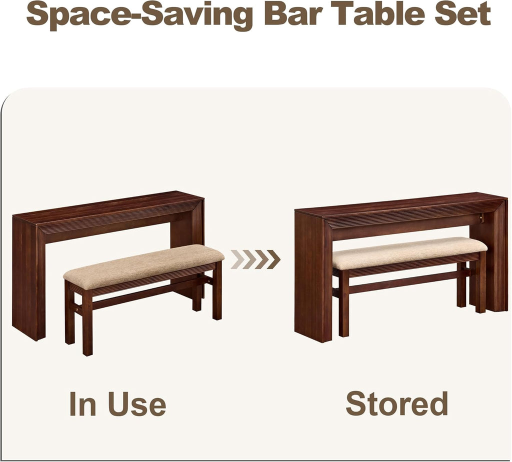 Console Table with Stools Counter Height Bar Table Set for 2, Dining Sofa Table Behind Couch Bar Table Set for Kitchen, Living Room, Walnut
