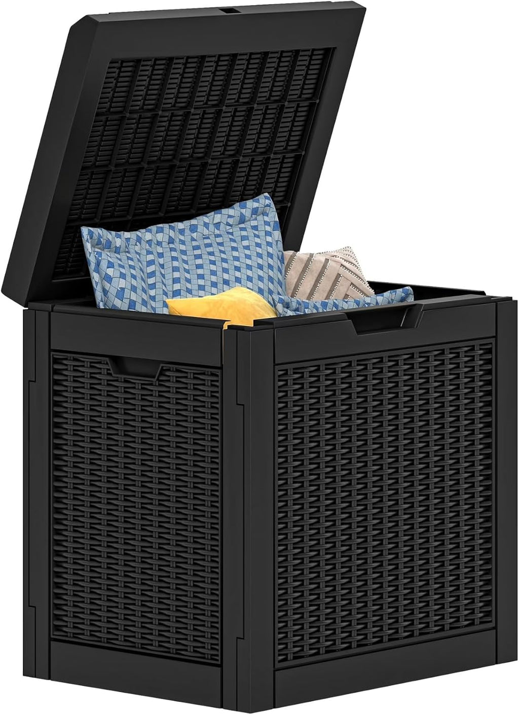 Lockable 32 Gallon Outdoor Storage Deck Box with Lid, Waterproof Resin Patio Seating Bench for Garden Tools, Cushions, Pool Toys, Black