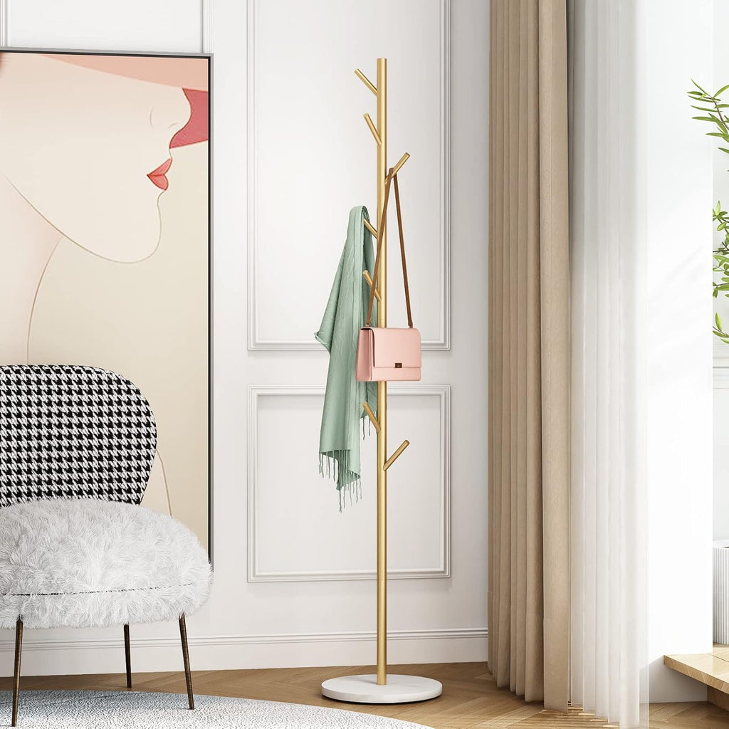 DOORXIFO Gold Coat Racks, Metal Coat Rack Freestanding with Hooks, Entryway Coat Rack Stand, Coat Racks with Marble Base, Coat Tree for Hanging Clothes, Hats, Bags