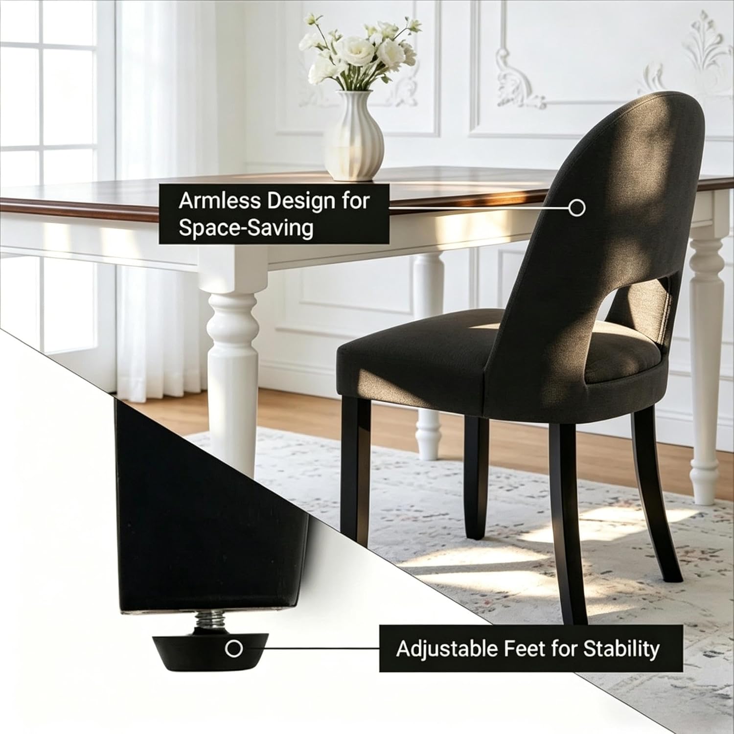 Wooden Dining Chairs Set of 4, Upholstered Kitchen Chairs with Linen Fabric Back & Solid Wood Legs, Modern Farmhouse Dining Room Chairs, Black