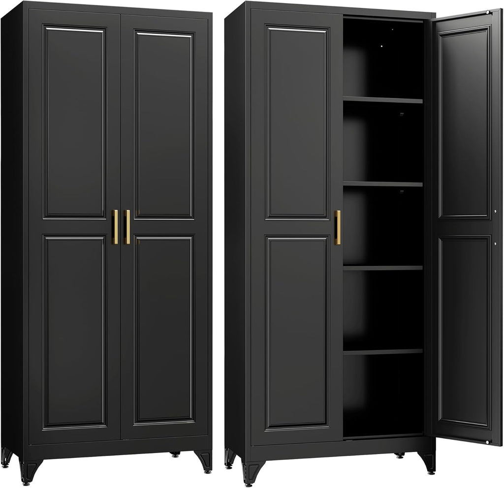 SteeLoong Kitchen Pantry Cabinet,75”Black Metal Storage Cabinets with Doors and 4 Adjustable Shelves,Kitchen Cabinet with 2 Gold Handles,Tall Cabinet for Livingroom, Bathroom