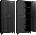 SteeLoong Kitchen Pantry Cabinet,75”Black Metal Storage Cabinets with Doors and 4 Adjustable Shelves,Kitchen Cabinet with 2 Gold Handles,Tall Cabinet for Livingroom, Bathroom