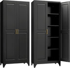 SteeLoong Kitchen Pantry Cabinet,75”Black Metal Storage Cabinets with Doors and 4 Adjustable Shelves,Kitchen Cabinet with 2 Gold Handles,Tall Cabinet for Livingroom, Bathroom