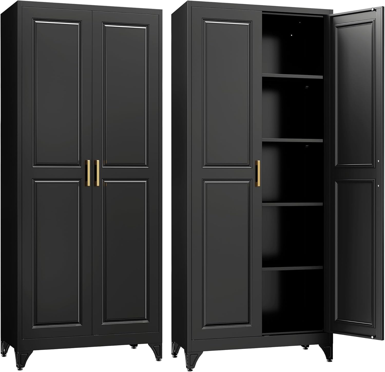 SteeLoong Kitchen Pantry Cabinet,75”Black Metal Storage Cabinets with Doors and 4 Adjustable Shelves,Kitchen Cabinet with 2 Gold Handles,Tall Cabinet for Livingroom, Bathroom