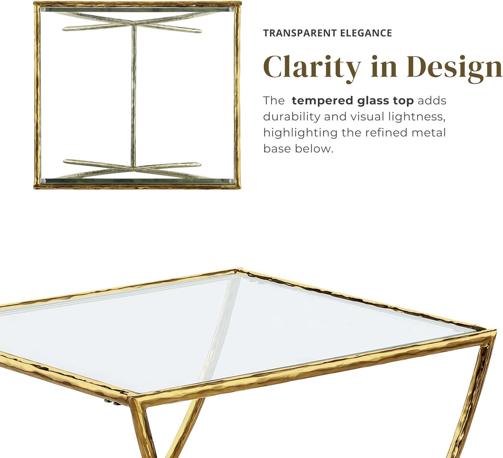 Furniture of America Zayen Glam 22-inch Metal Side Table with Tempered Glass Tabletop and Curved Base, Hammered Stainless Steel Frame for Bedroom, Living Room, Home Office, Gold
