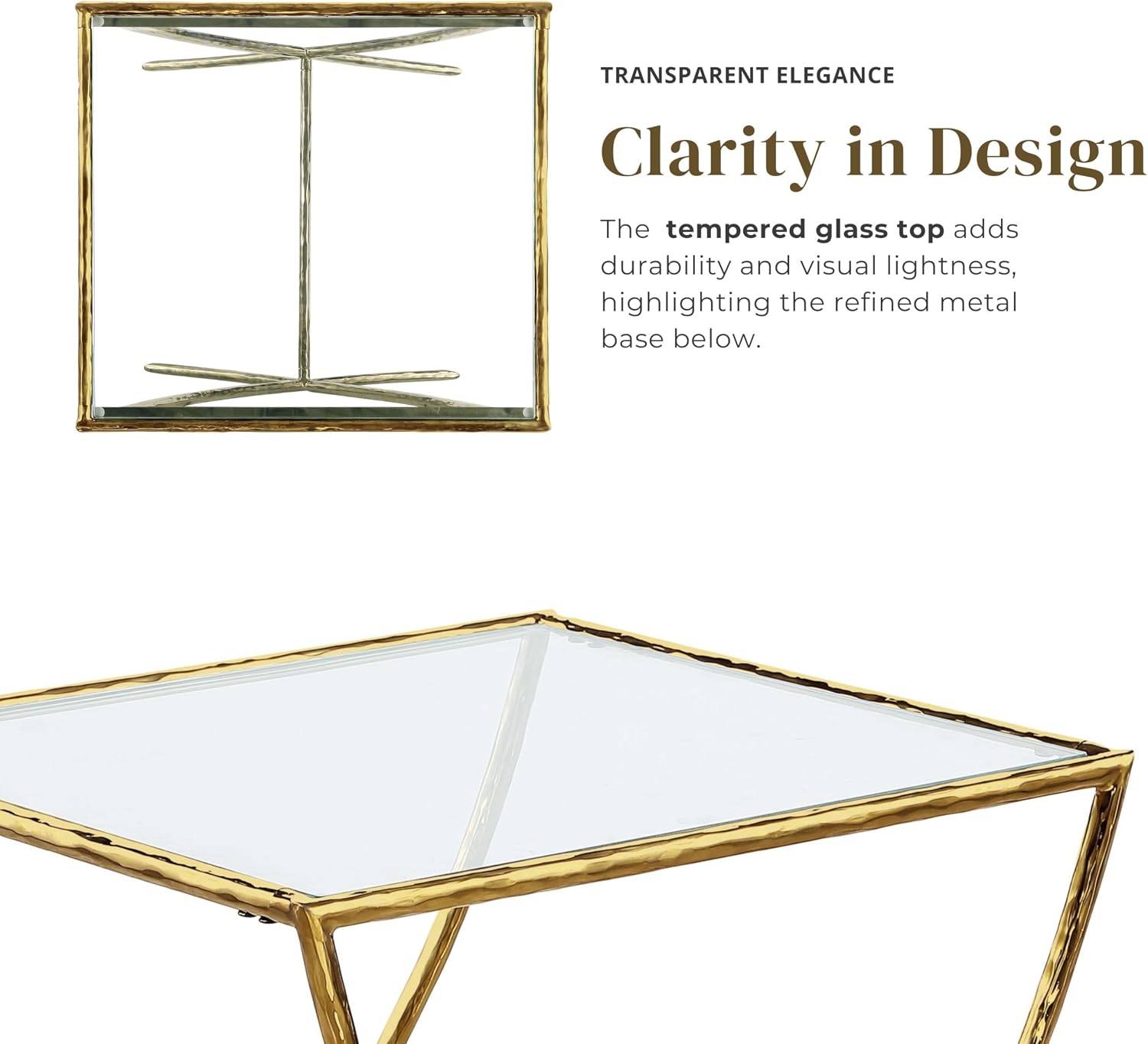 Furniture of America Zayen Glam 22-inch Metal Side Table with Tempered Glass Tabletop and Curved Base, Hammered Stainless Steel Frame for Bedroom, Living Room, Home Office, Gold