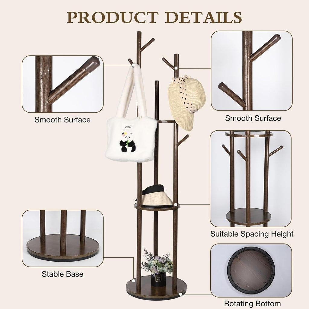 Wood Coat Rack Freestanding Rotary Coat tree with 3 Shelves and 9 Hooks | Heavy Duty Coat Rack Coat Hanger Stand for Entryway, Bedroom, Living Room – Holds Jackets, Coats, Hats, Bags (Walnut)
