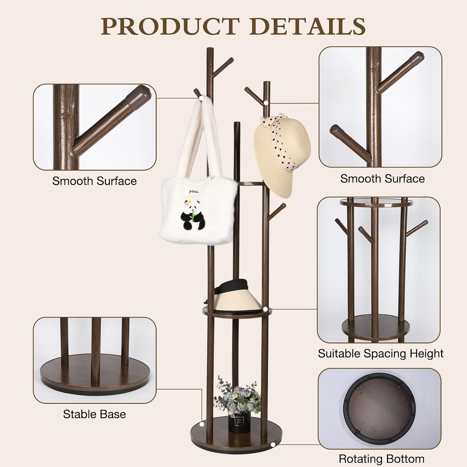 Wood Coat Rack Freestanding Rotary Coat tree with 3 Shelves and 9 Hooks | Heavy Duty Coat Rack Coat Hanger Stand for Entryway, Bedroom, Living Room – Holds Jackets, Coats, Hats, Bags (Walnut)