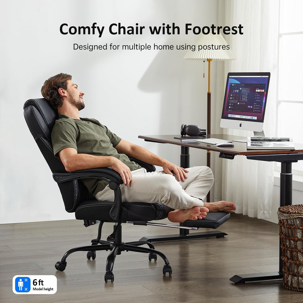 amseatec Big and Tall Office Chair with Footrest, Ergonomic Leather High Back Computer Chair Infinite Lock Reclining 90°-135°,20 Spring Packs,300lbs Executive Desk Chair for Home Office（Black）