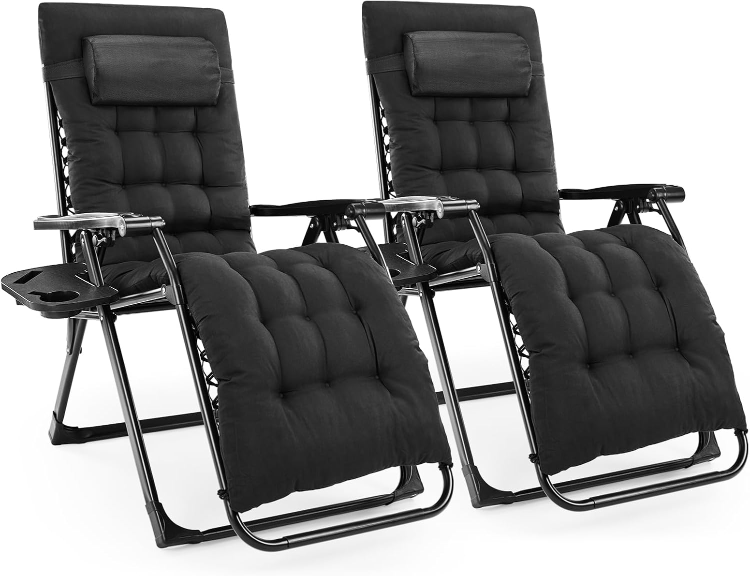 DUMOS Set of 2 Zero Gravity Chair, Reclining Camping Lounge Chair for Outdoor, Reclining Patio Chairs with Cup Holder Trays and Removable Cushion, Folding Recliner for Indoor, Black