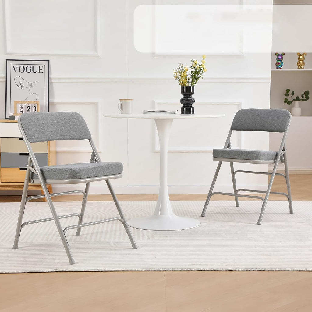 BOOSDEN Padded Folding Chair 2 Pack, Heavy Duty Fold Up Chair with Thick Cushion, Upholstered Fabric Seat, Comfy Foldable Chair, Metal Folding Dining Chair for Indoor Outdoor, Office, Home, Party,Grey