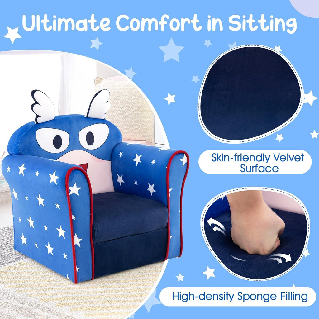 HONEY JOY Kids Couch, Toddler Sofa Armchair with Flyman Pattern, Children Mini Playroom Furniture, Sturdy Wooden Construction, Baby Small Armrest Chair, Lightweight Kids Sofa for Boys Girls (Blue)