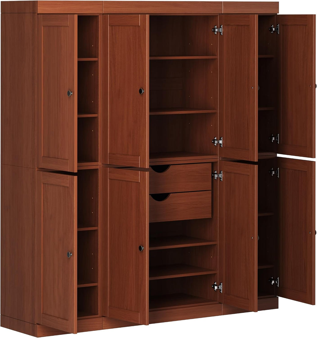 Palace Imports Solid Wood Storage Cabinet – 71.5" H x 65" W - Tall Kitchen Pantry Cabinet w/ 8 Shaker Doors, 2 Drawers & 12 Adjustable Shelves – Mocha, Cupboard, 100% Eco-Friendly Wood, Made in Brazil