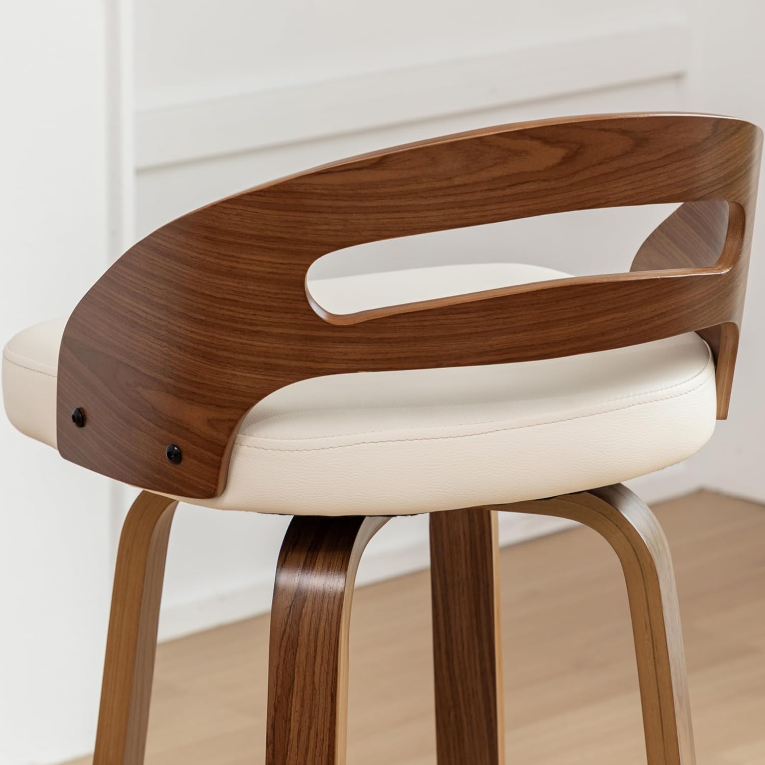 Bar Stools Set of 2, Swivel Bar Stools with Walnut Craftsmanship, Bentwood Curved Back, Upholstered Faux Leather, Soft Cushion Seat, Mid Century BarStools for Bar/Pub/Cafe (Beige, 30" Seat Height)