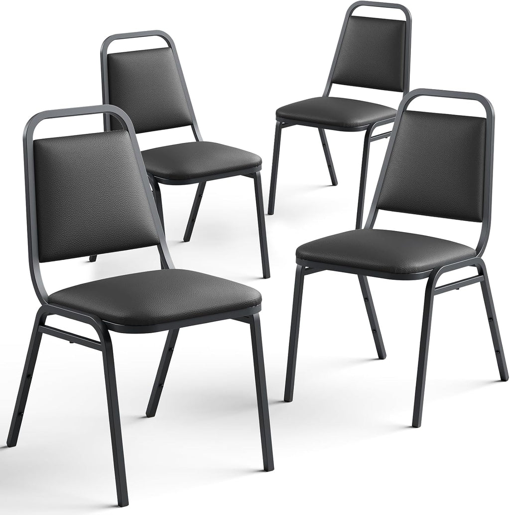 Stacking Chairs Set of 4,Stackable Office Chairs with Faux Leather Upholstered Seat,Heavy Duty Metal Frame Guest Chairs, No Assembly Conference Chairs for Meeting,Training & Reception Room, Black