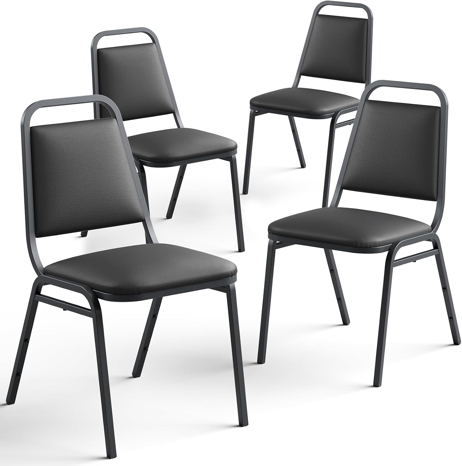 Stacking Chairs Set of 4,Stackable Office Chairs with Faux Leather Upholstered Seat,Heavy Duty Metal Frame Guest Chairs, No Assembly Conference Chairs for Meeting,Training & Reception Room, Black