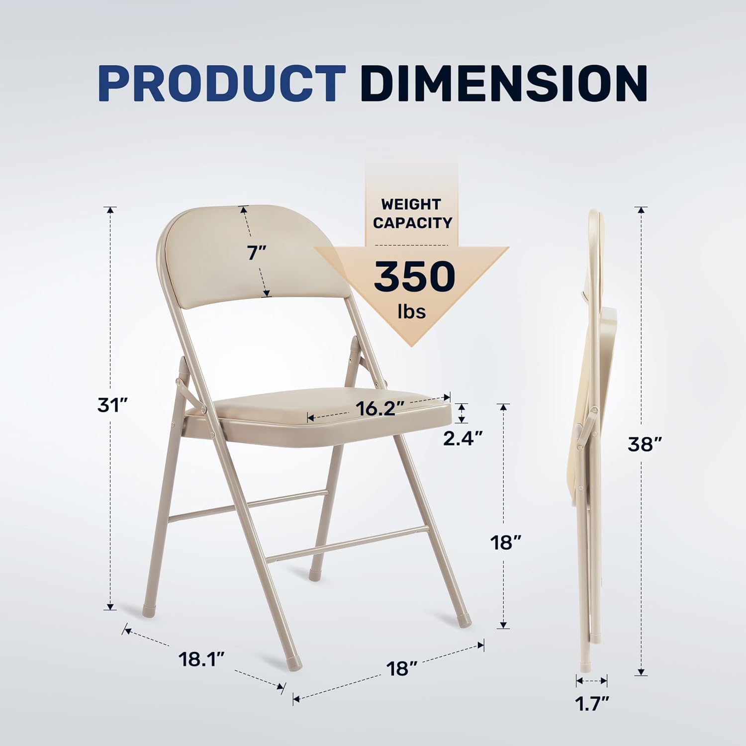 Simple Deluxe 2 Pack Folding Chairs – Padded Leather Seats, Heavy-Duty Metal Frame | Collapsible & Lightweight for Indoor/Outdoor Events, Home, Office, Vinyl Kahki