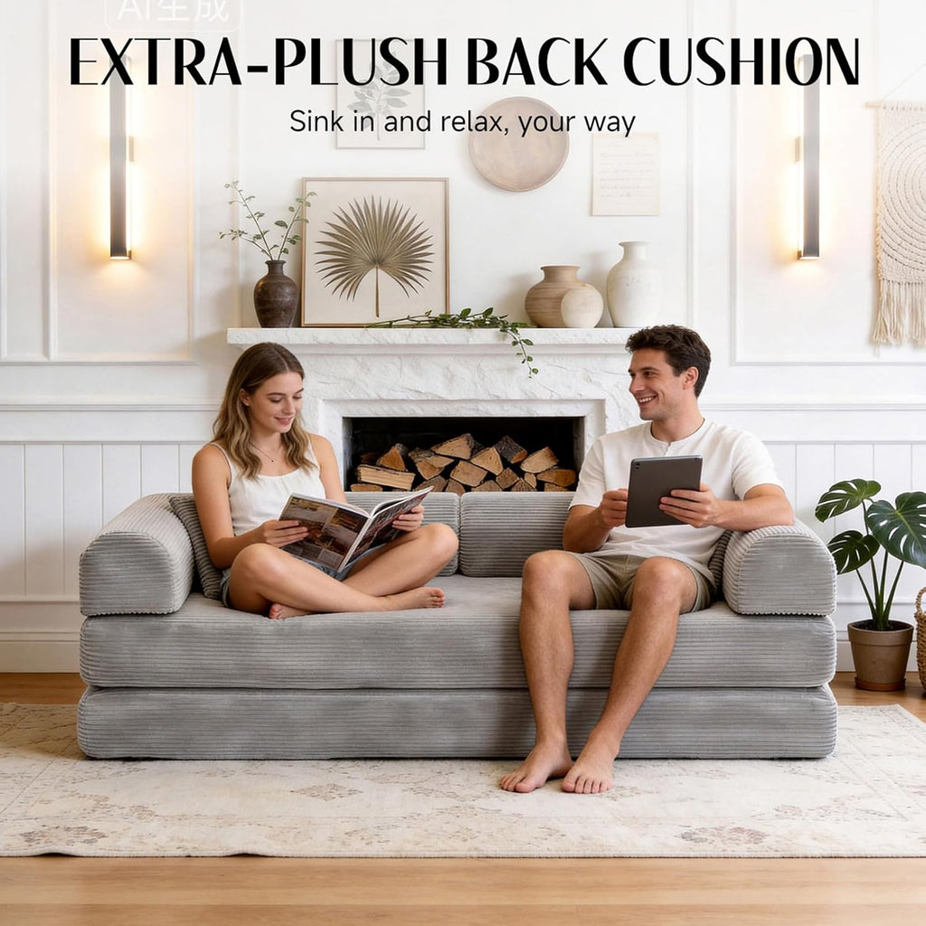 79'' Convertible Sofa Bed, Boneless Couch-in-a-Box, Corduroy Floor Futon Loveseat Sleeper, 26'' Deep Seat, Removable Machine-Wash Covers, No Assembly, 2 Pillows, Light Grey