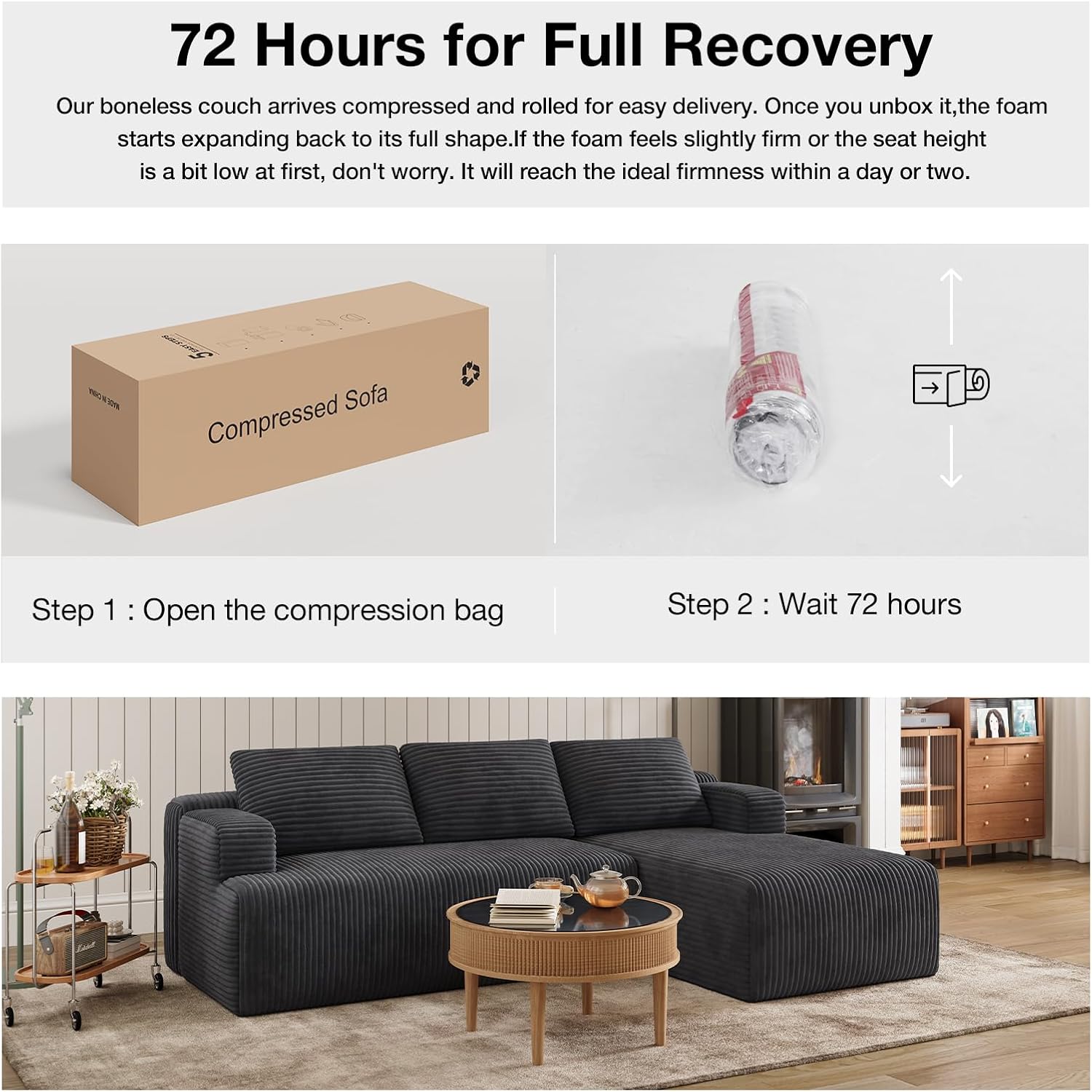 Novilla L-Shape Sectional Couches for Living Room with Smarts Coil® Support, 3 Seater Sectional Sofas for Living Room Bedroom, Corduroy Cloud Couch Sectional, No Assembly(Dark Grey, Right Hand Facing)