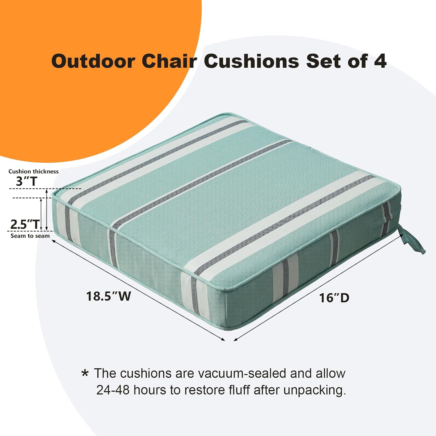 Unimatta Square Corner Seat Cushions, 18.5" x 16" x 3", Set of 4, Indoor Outdoor Water Repellent Universal Chair Pads with Ties for Patio Furniture, Garden Deck Dining Chairs, Aqua Stripe