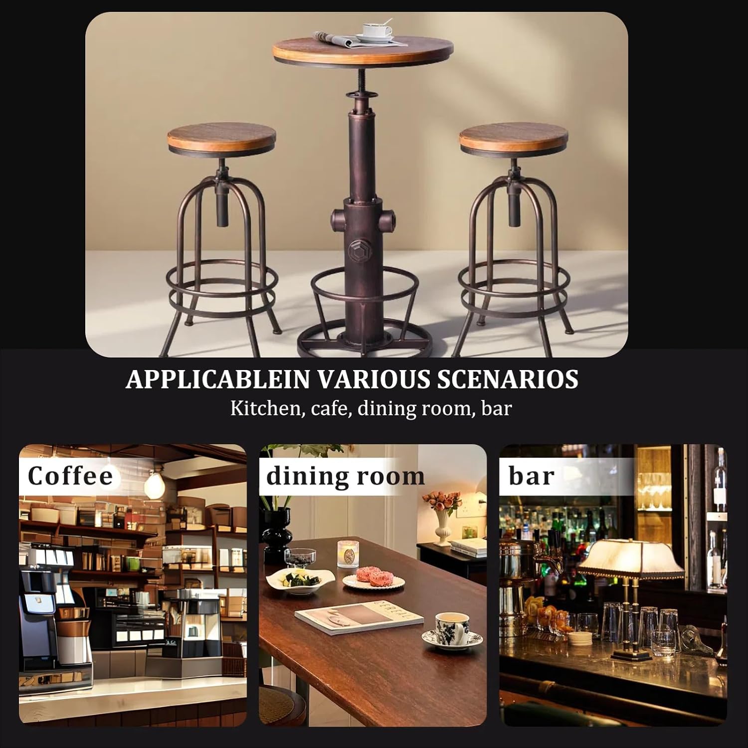 Industrial Bar Table Swivel Round Wooden Top Height Adjustable 38.6-44.4inch Vintage Kitchen Dining Chair Coffee Table Hydrant Design Bistro Table