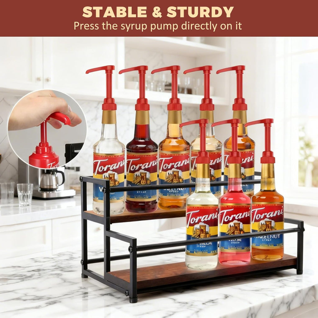 Coffee Syrup Rack Organizer, 2-Tier | Metal Bottle Holder, 10 Bottles Capacity, Rustic Countertop Display Shelf, For Coffee Bar, Kitchen Cabinet, Pantry