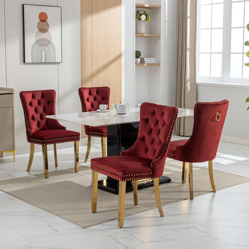 Aoowow Velvet Upholstered Dining Chairs Set of 2, Wingback Armless Side Chairs Button Tufted with Solid Wood Legs for Kitchen Dining Room (Burgundy-Chrome)