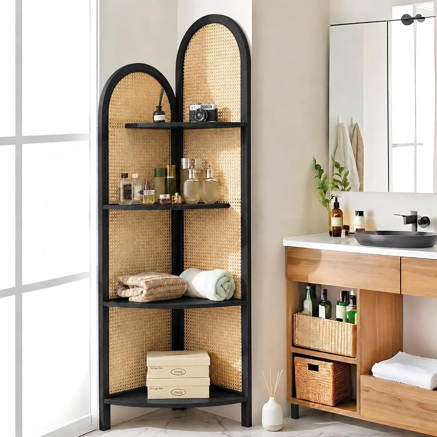 4 Tier Farmhouse Corner Shelf, 70" Tall Pine Wood and Rattan Corner Bookshelf for Small Spaces, Freestanding Display Shelf for Living Room, Bedroom, Bathroom, Kitchen, Black