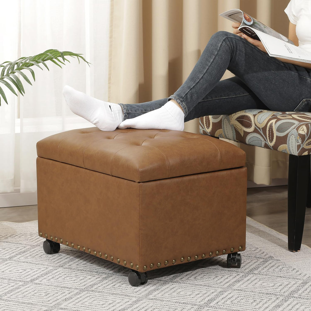 Leather Storage Ottoman,24’’Foot Rest Ottomans with Wheels and Hinged Lid Rectangle Upholstered Foot Stools Nailhead Trim for Living Room Bedroom,Vintage Golden Brown