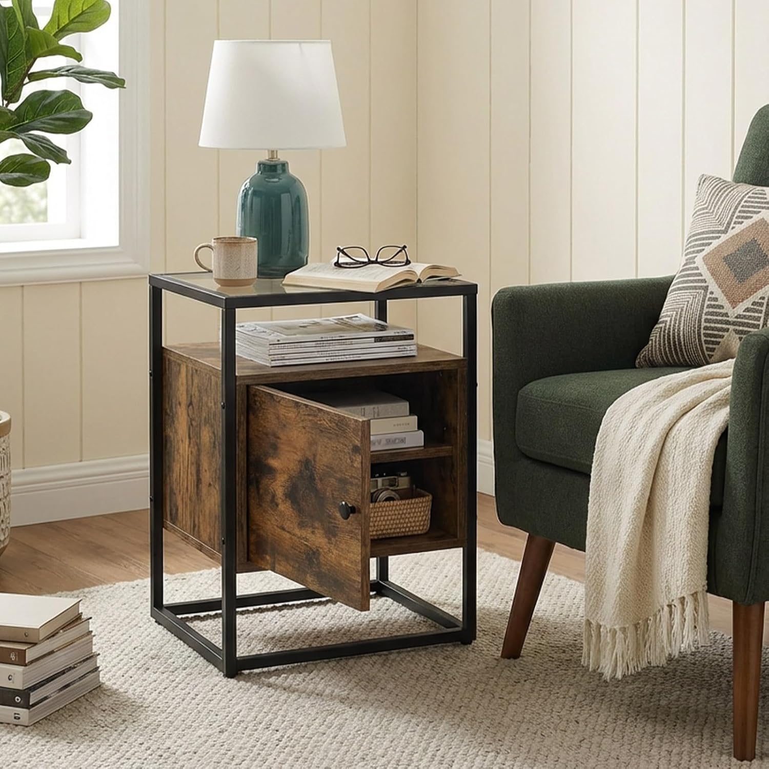 Side Table with 2 Tier Storage Cabinet, Small End Tables Wood Solid with Glass Top, Rustic Industrial Bedside Nightstand for Bedroom, Living Rooms, Small Spaces