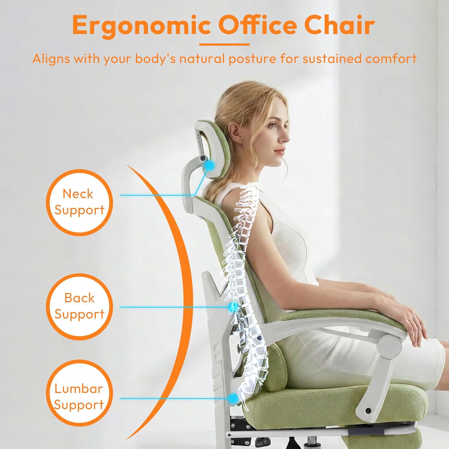 Home Office Desk Chair, Comfortable Mesh Computer Chair with Foot Rest, Reclining Gaming Chair with Headrest and Lumbar Support, 90°-130° Reclining, Light Green