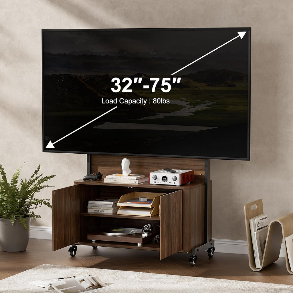 Planimetry Rolling TV Stand with Mount for 32-75 Inch TVs, Height Adjustable Mobile TV Stand with Lockable Wheels, Fluted Cabinet Entertainment Center with Power Outlet & Storage, Walnut
