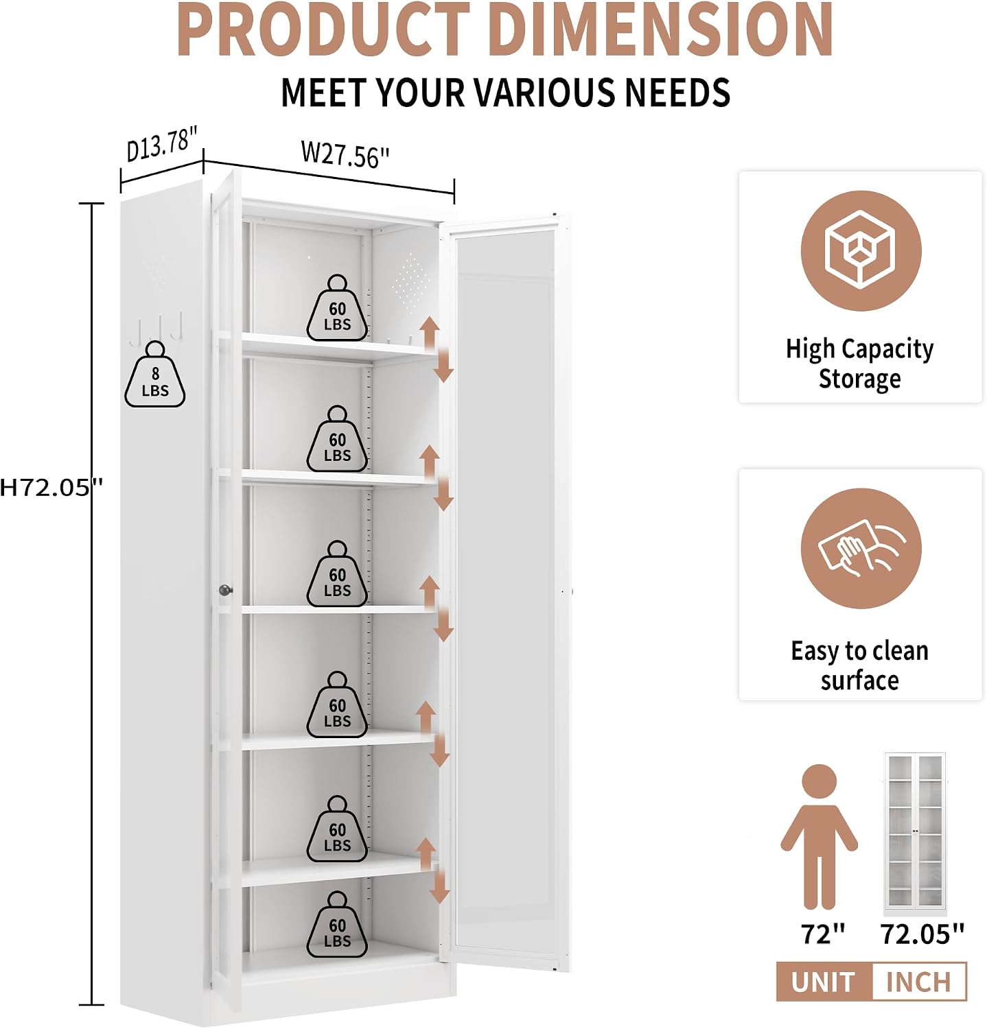 LUMISOL 72" Tall Metal Kitchen Pantry with 5 Adjustable Shelves, Kitchen Storage Cabinet with Glass Doors, Pantry Organizer with Anti-Tip Safety, for Dining Room Office Living Room, White