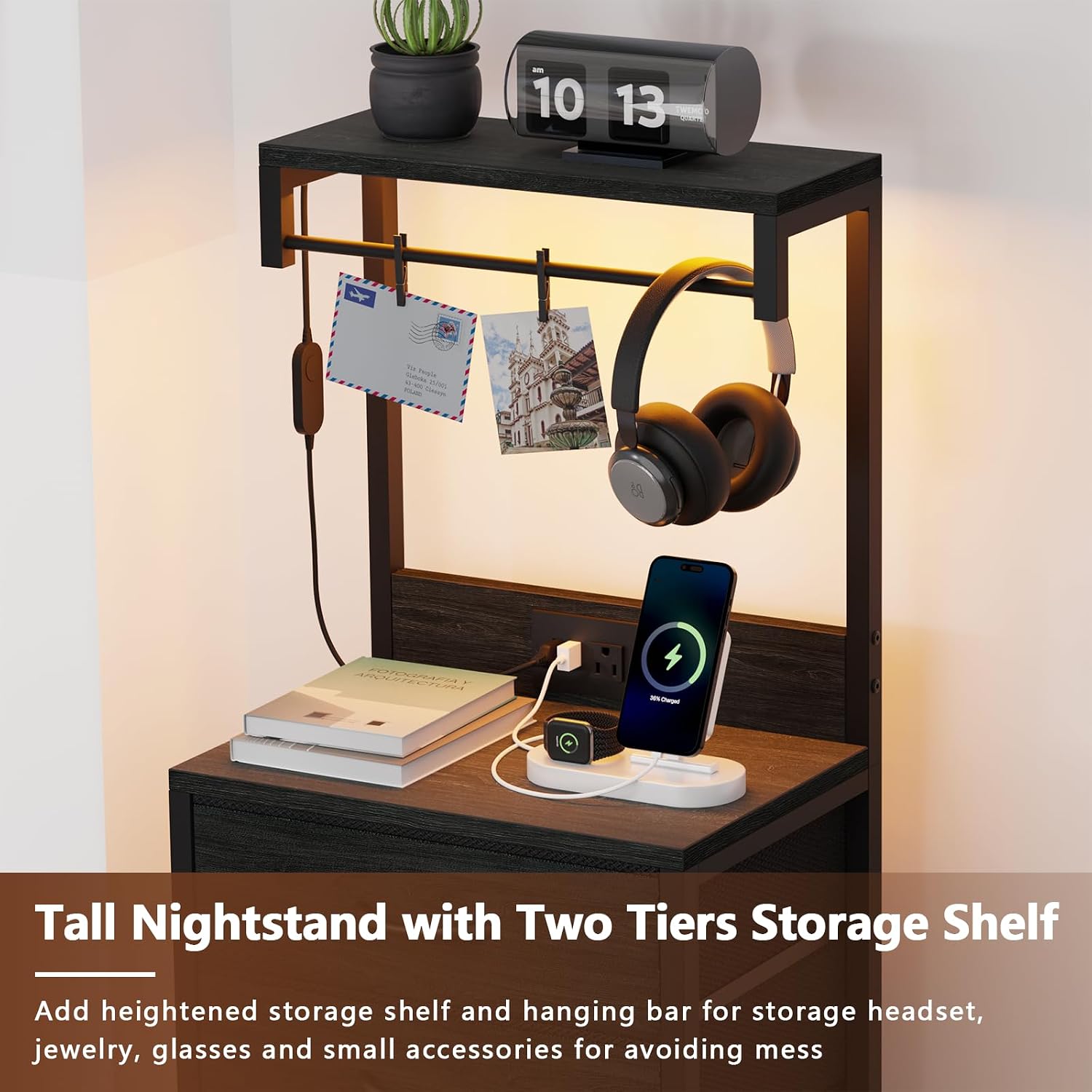 Furnulem Nightstands Set of 2, 38" Tall Bedside Table with Charging Station | Charging Station & RGB LED Lights, 4 Fabric Drawers & Storage Wood Shelves, Metal Frame, Black Night Stand for Bedroom Dorm
