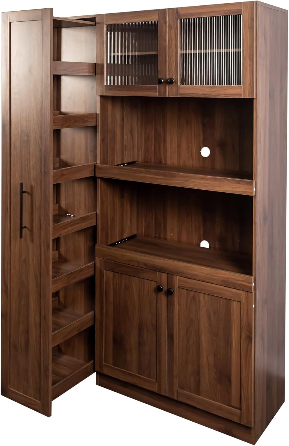 JIJIWANG 70.87" Kitchen Pantry Cabinet with Multi-Functional Pull-Out Multi-Tier Storage Shelf,Farmhouse Storage Cabinet with 4 Doors,Pantry Organizers for Kitchen,Dining Room, Walnut