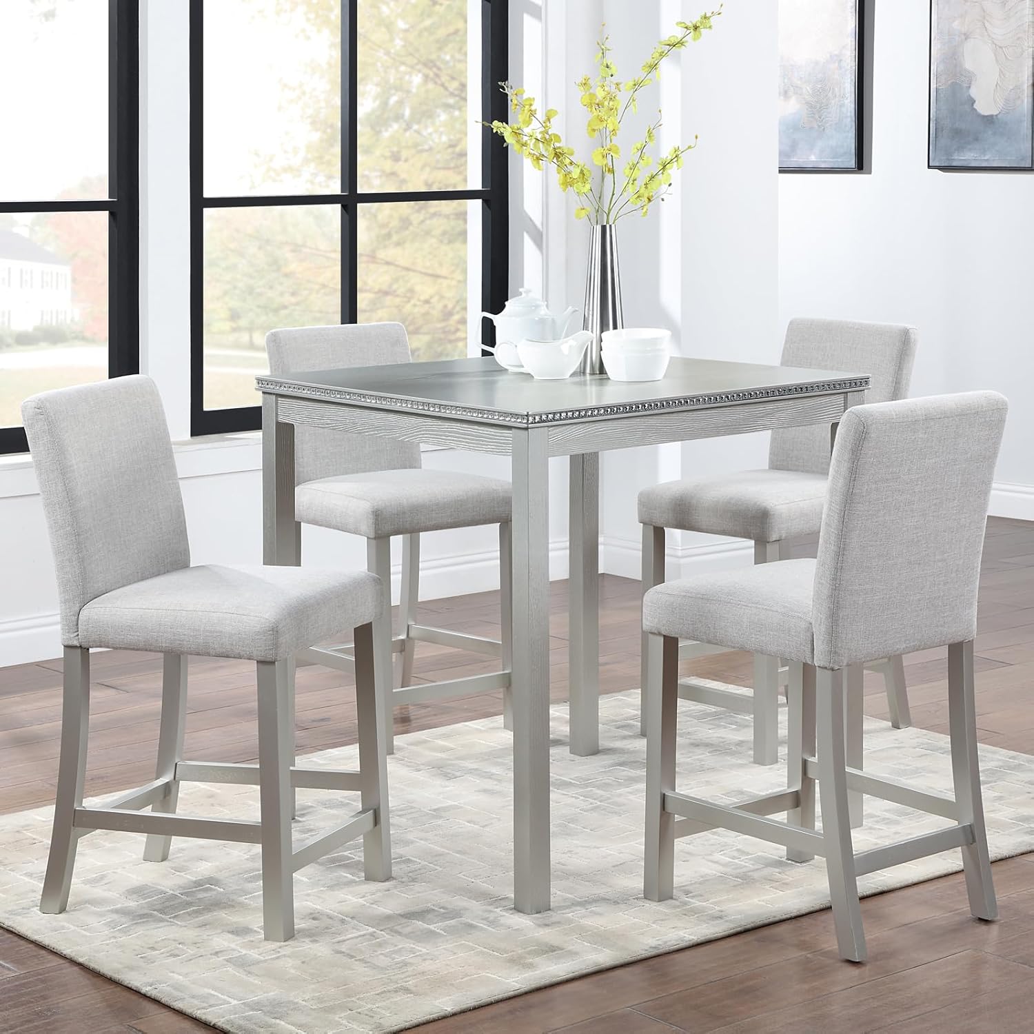 SOFTSEA Wooden Dining Table up for 4, Square Kitchen Table with Solid Wood Legs, 34.5 Inch Modern Dining Table with Spacious Tabletop, for Kitchen Living Room, Silver Grey