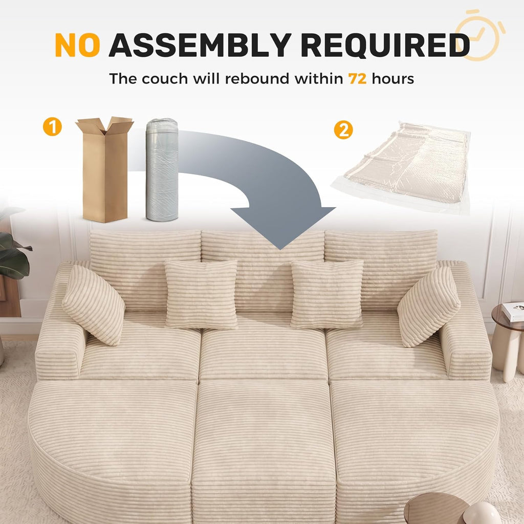 120" Oversized Round Sofa Bed, Modular Sectional Cloud Couches for Living Room, Convertible Corduroy Boneless Couch Sleeper Sofa Set, No Assembly Required, Khaki 1 PCS