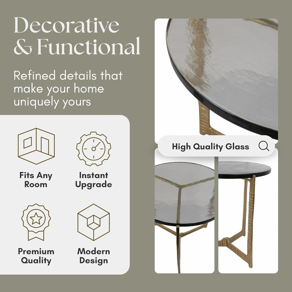 Metal Accent Table with Glass Top, Modern Round Side Table for Living Room and Bedroom, No Assembly Required, Indoor/Outdoor, Glass and Metal Home Decor, Living Room Accent Table – 18", Gold