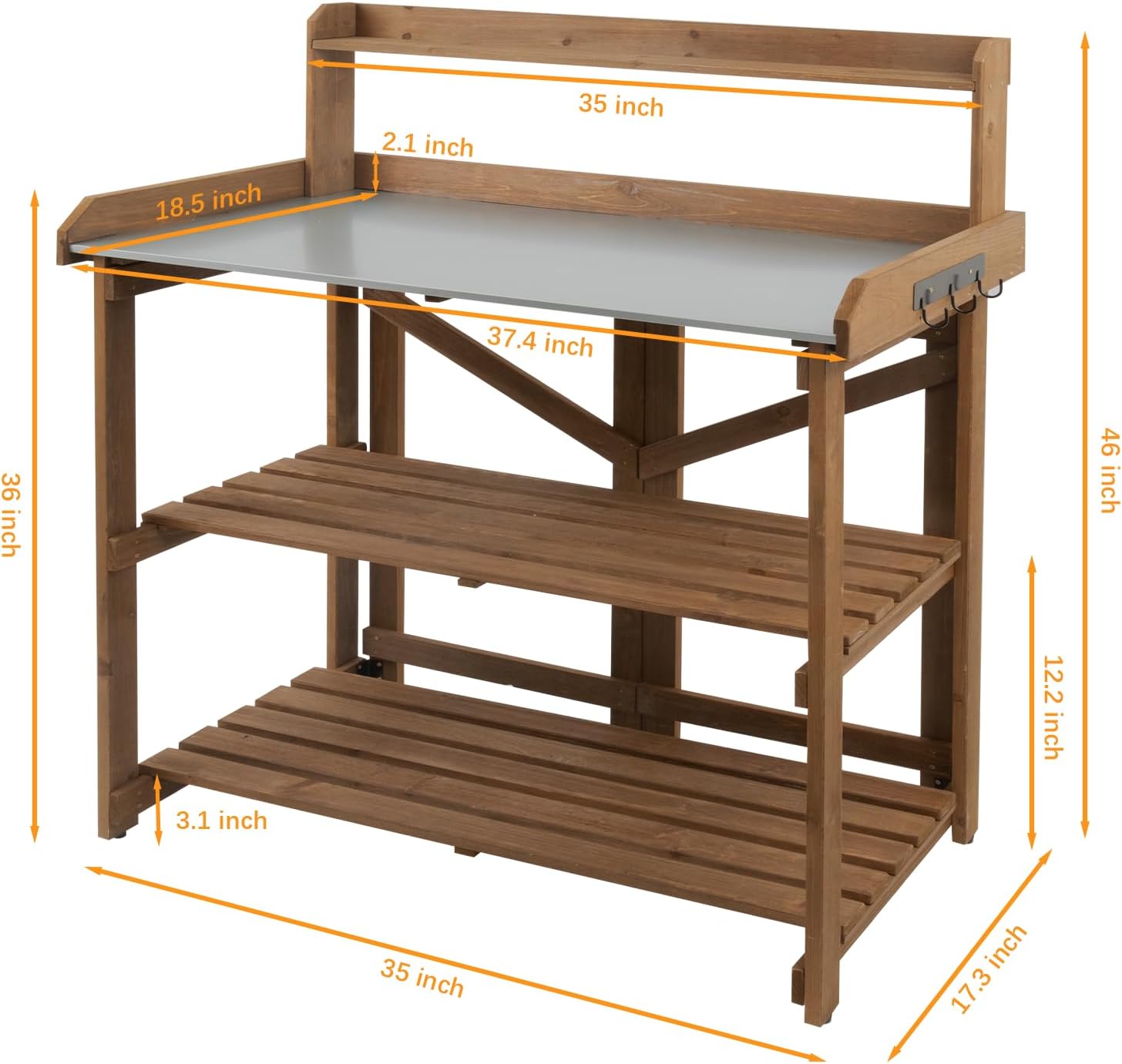 Ketive Folding Potting Bench Table,Outdoor Potting Bench Garden Wooden Potting Table,Fir Wood Workstation Planting Table with Galvanized Tabletop,2 Tier Storage Shelves,Top Shelf(Brown)