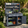 TOPMAX Potting Bench, Garden Prep Cart with Lockable Wheels, Large Storage Cabinet, Outdoor Kitchen Island, Drawers & Removable Shelves, Perfect for Grilling and Gardening Activities, Gray