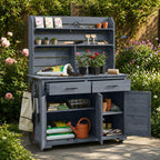 TOPMAX Potting Bench, Garden Prep Cart with Lockable Wheels, Large Storage Cabinet, Outdoor Kitchen Island, Drawers & Removable Shelves, Perfect for Grilling and Gardening Activities, Gray