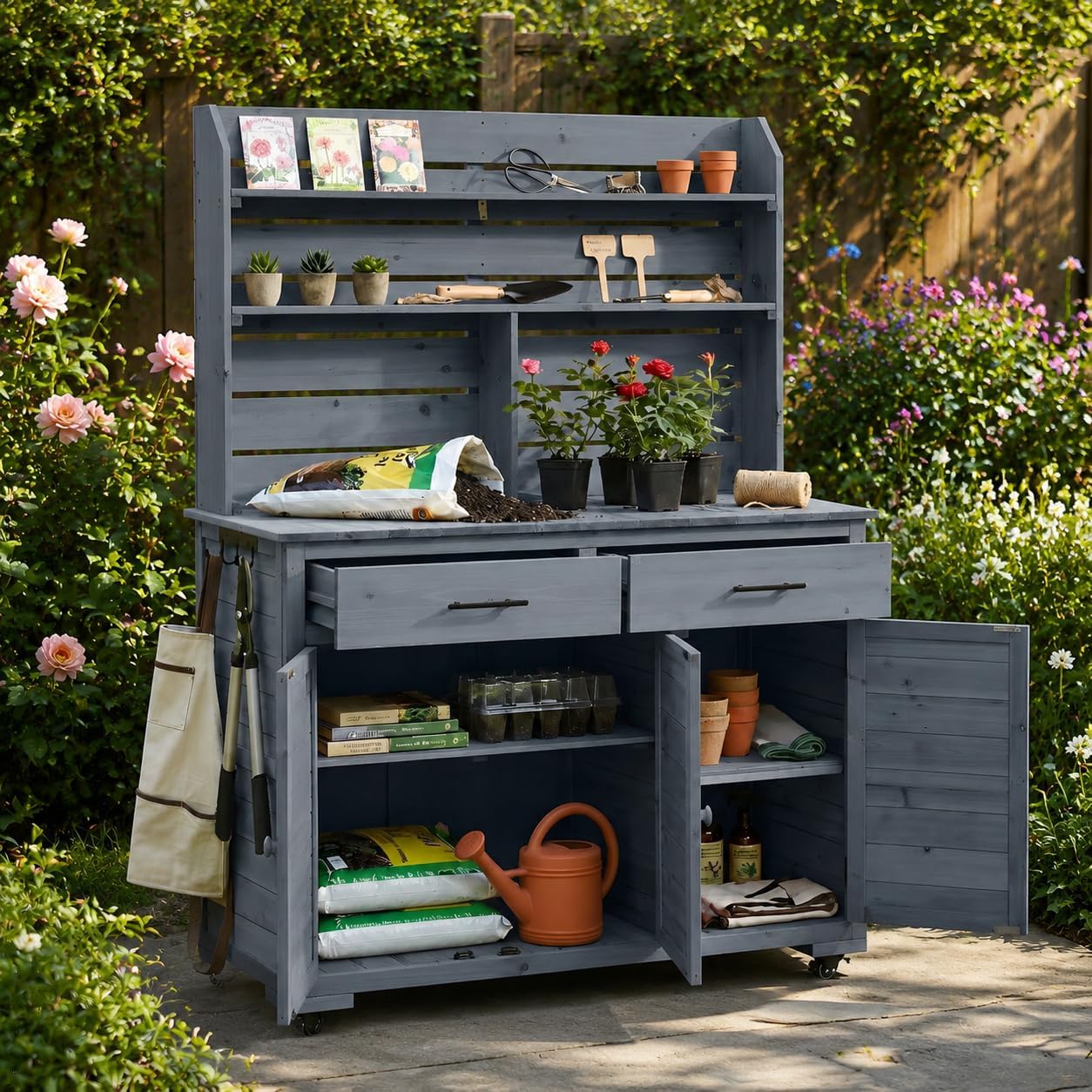 TOPMAX Potting Bench, Garden Prep Cart with Lockable Wheels, Large Storage Cabinet, Outdoor Kitchen Island, Drawers & Removable Shelves, Perfect for Grilling and Gardening Activities, Gray